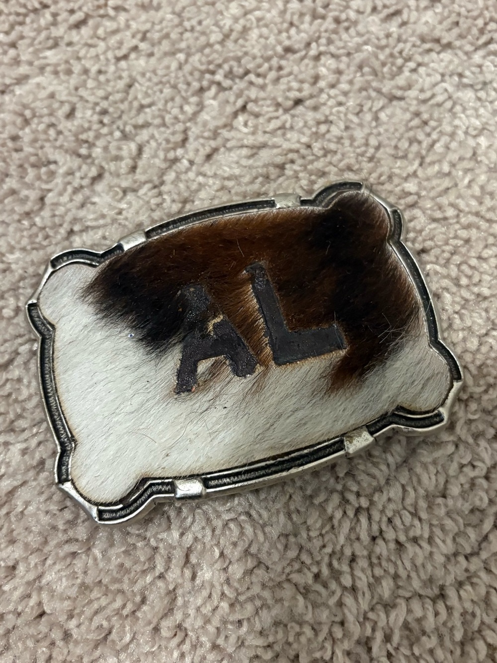 HHH Designs Brindle and White Cowhide “AL” Belt Buckle